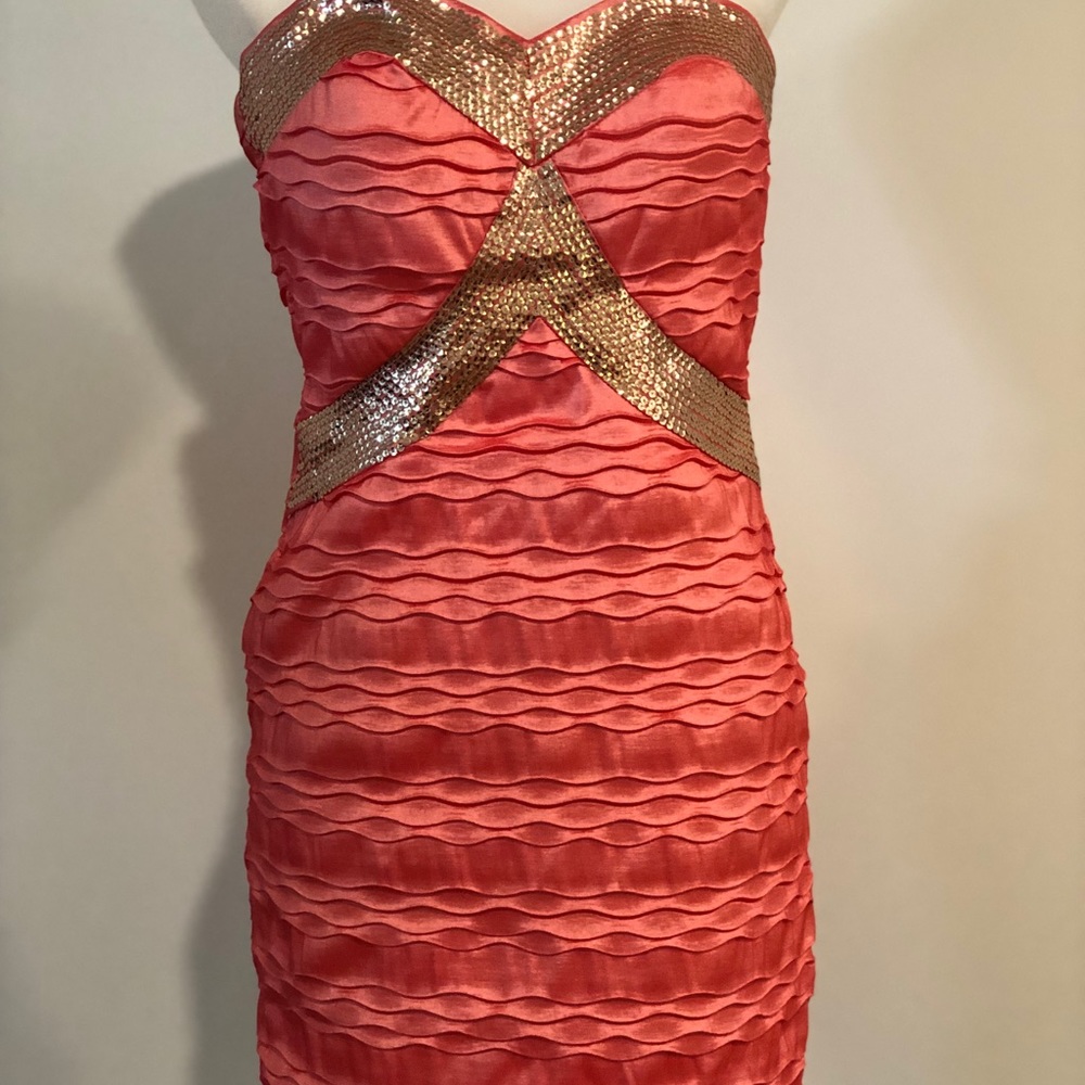 Coral & Gold Strapless Dress